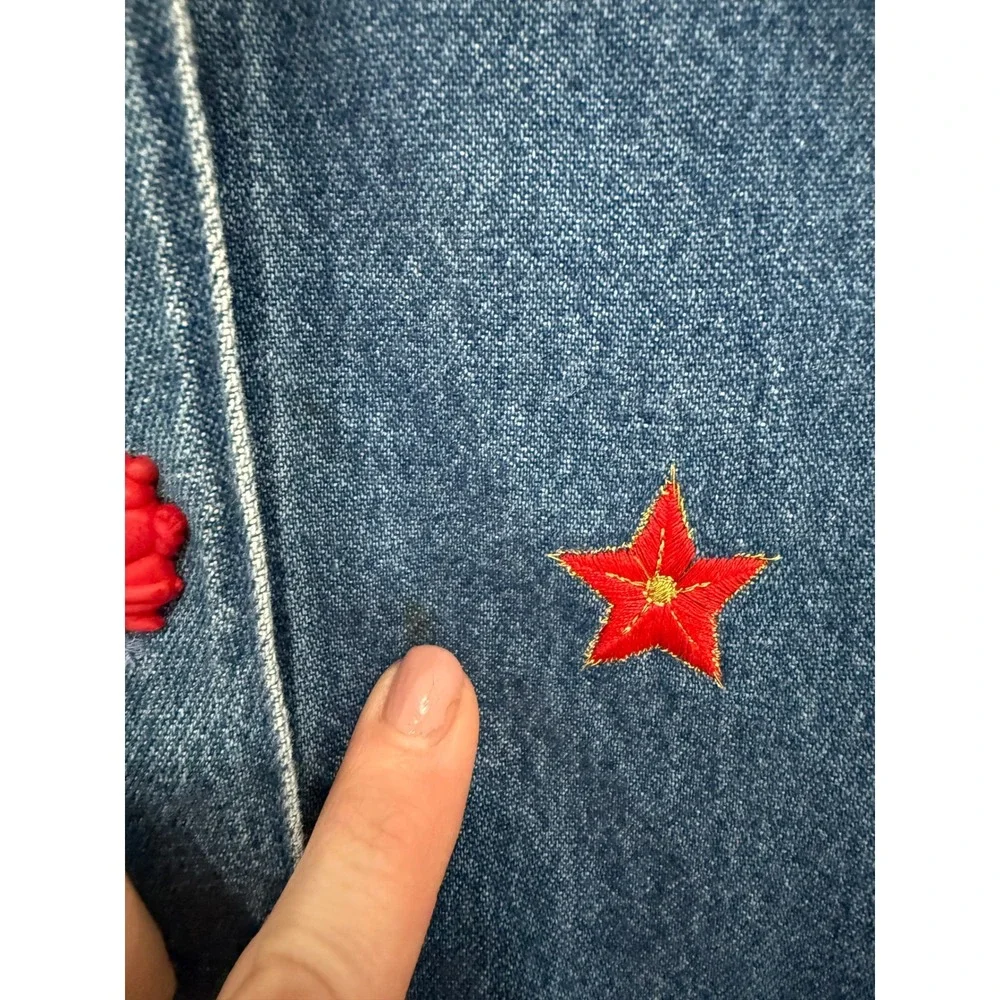 Tantrums Vintage Christmas Denim Jacket Embroidered Santa Reindeer Plaid Collar - Picture 9 of 9